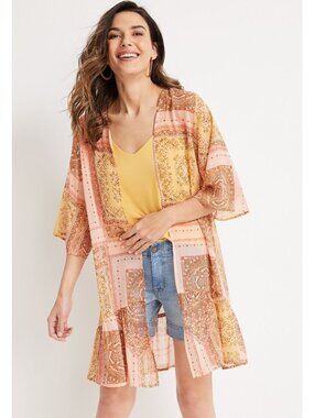 Maurices Kimono Cardigan Small Open Front Mixed Print Scarf Patchwork Bohemian